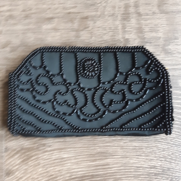 Vintage Handbags - Vintage black Satin sequins beaded evening bag, clutch, purse. Formal
